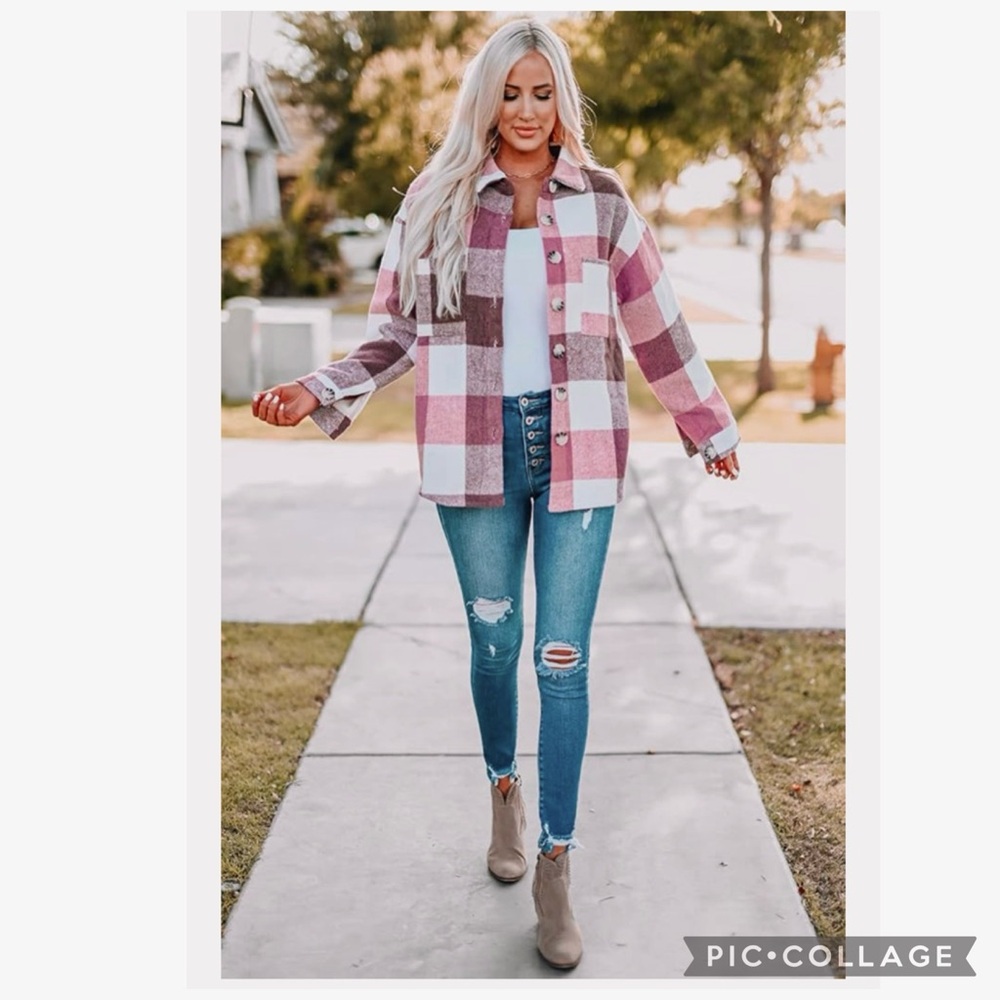NWT PrettyGarden Pink Cream Plaid Shacket Oversized Shirt Jacket Medium